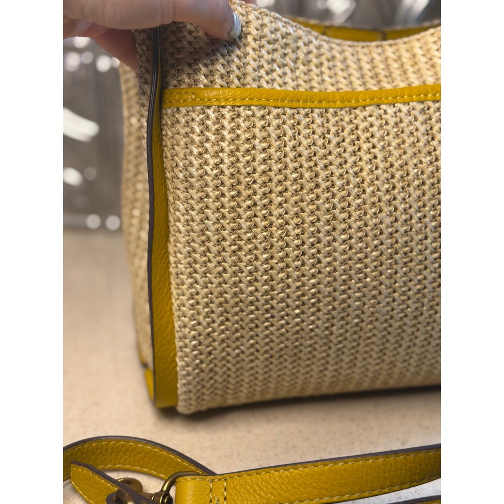 American Leather Co Crossbody Bag Yellow Straw Leather Trim Satchel Handbag - Picture 6 of 10